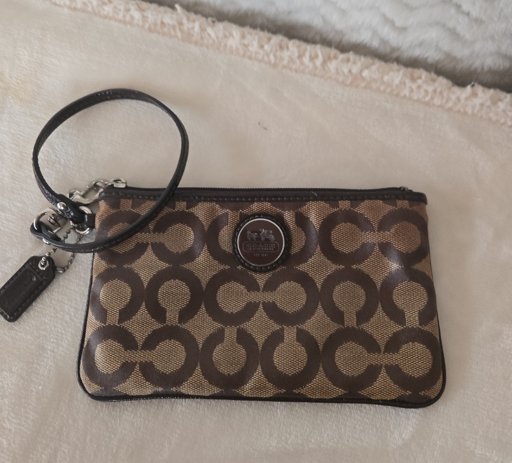 Coach Tan and Brown Signature Wristlet